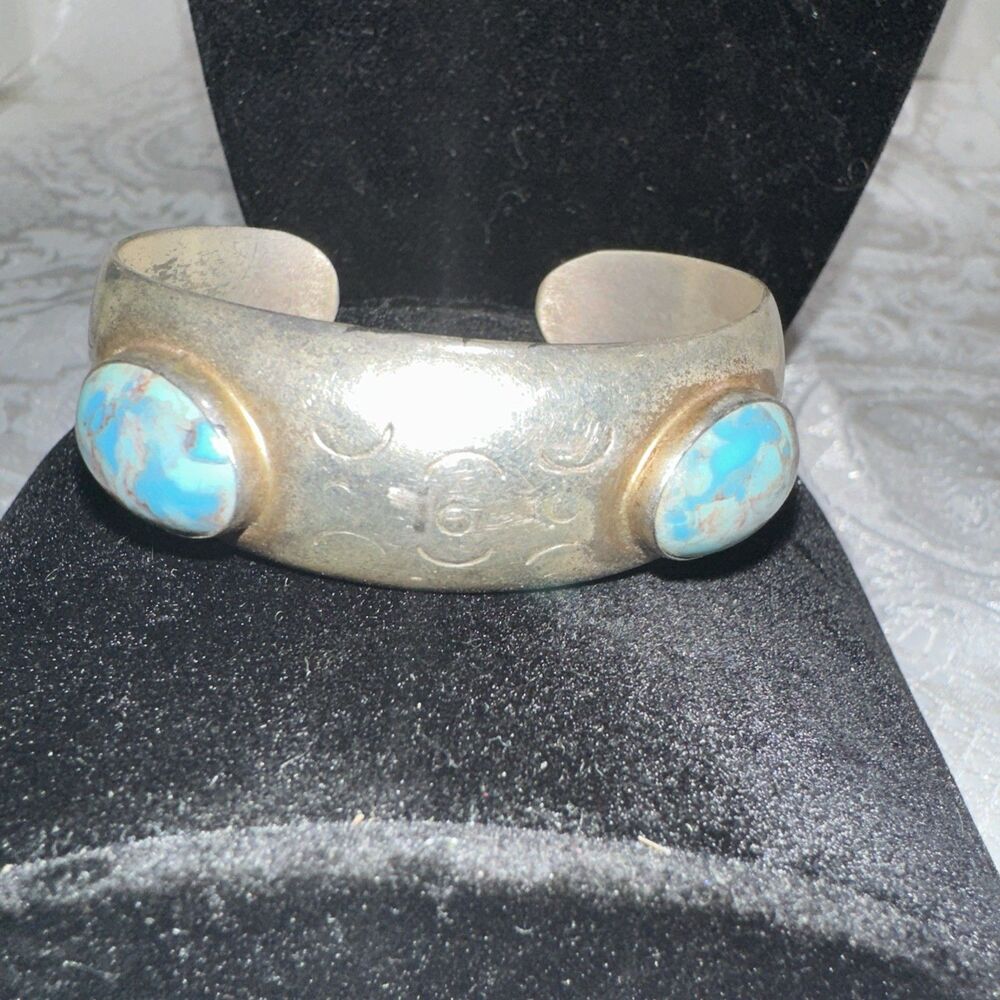 Vintage Alpaca Mexico Cuff Bracelet W/ Two Large Turquoise Colored Cabochons